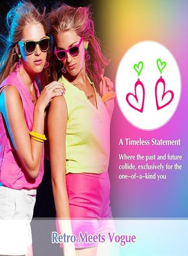 Modpide 80s Neon Earrings Double Hollow Heart Punk Retro Earrings 80s Outfit for Women (rose red) - Image 3